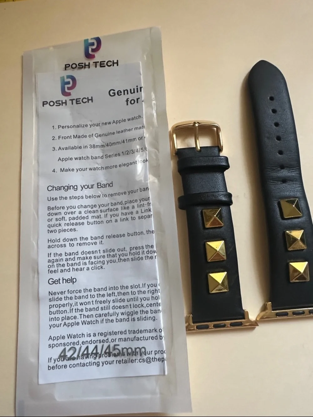 Posh Tech Black Leather Apple Watch Band with Gold Studs